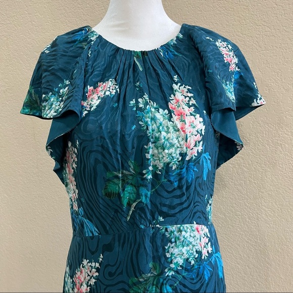 REBECCA TAYLOR Hydrangea Floral Silk Teal Shift Mini Dress Sz 8 MSRP $395 Party - Picture 10 of 14